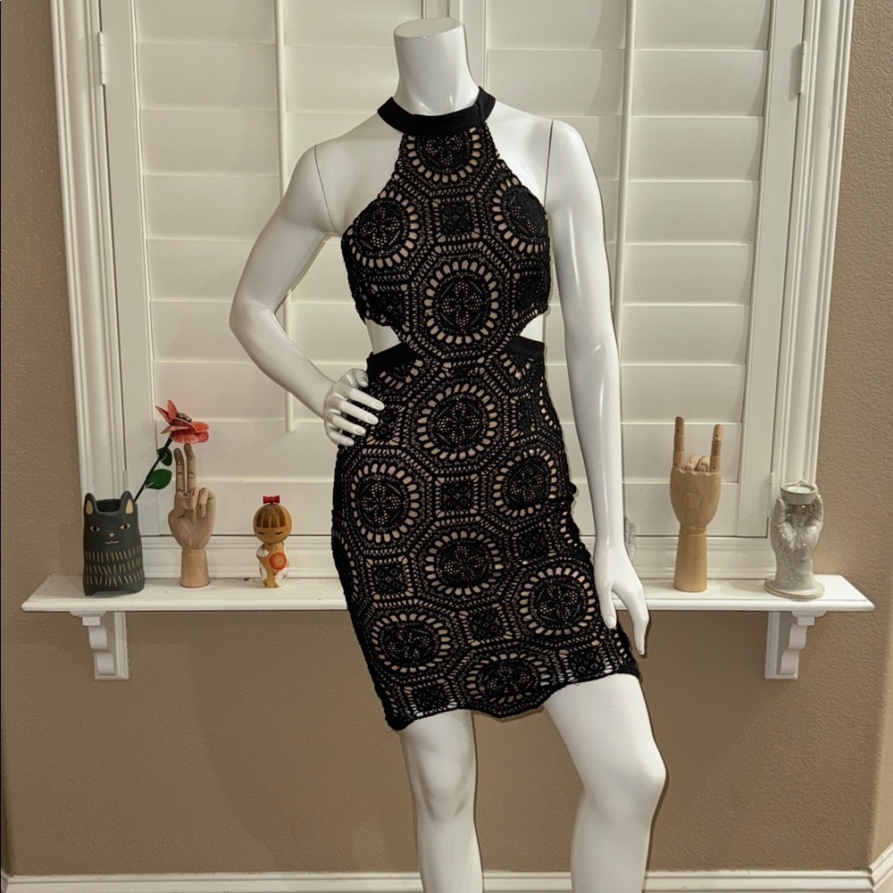 L'ATISTE Cut Out Crochet Knit Halter Mini Dress Black Nude